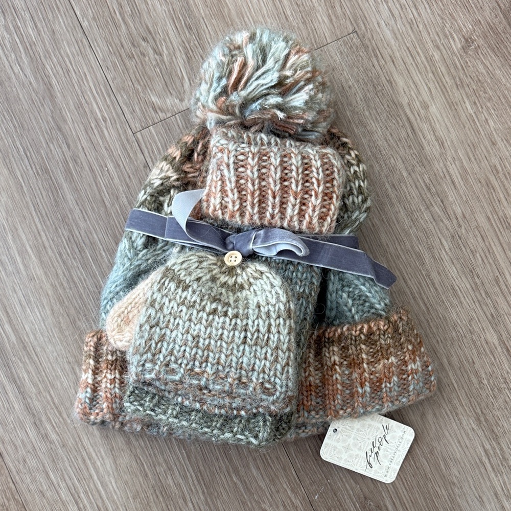 Free People Knit Pom Beanie and Mittens Set in Multicolor Pastel